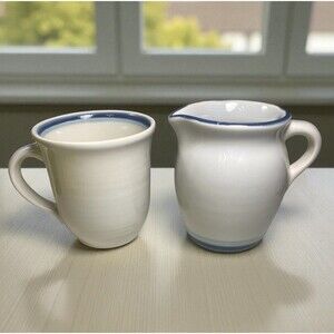 RARE VTG Shenango China NON-STACKABLE Mug #289 + Creamer #0223 Blue Rim Set